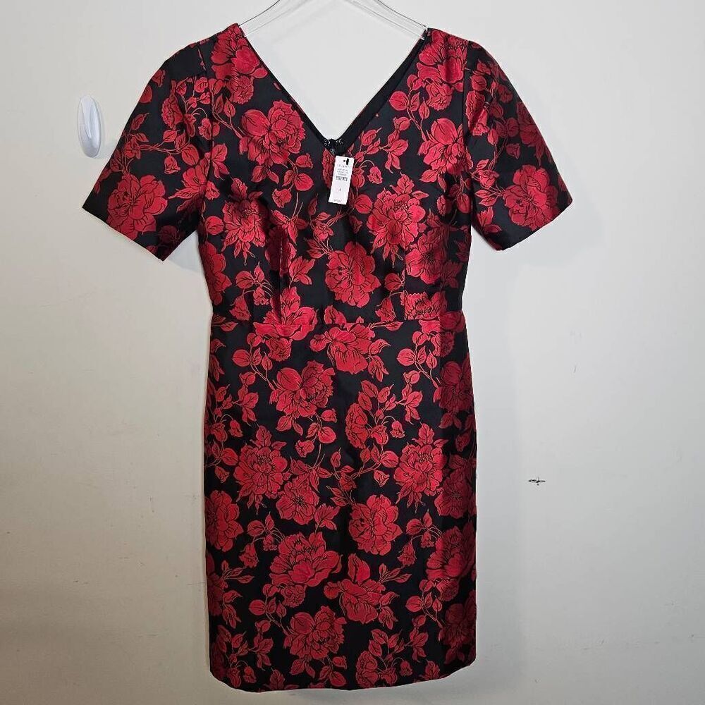 Talbots Back Bow Floral Jacquard A-Line Dress Size 4 NWT Red Black